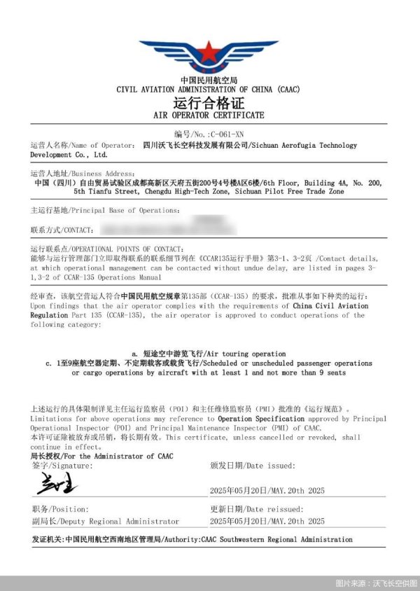 配资平台股票行情 沃飞长空获得CCAR—135部运行合格证